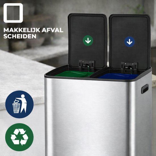 Bayt Mülleimer - Mülleimer 60 Liter (2x30) - Mülleimer 60 Liter - Treteimer 60 Liter - Mülleimer Mülltrennung - Mülleimer 2 Fächer - Mülleimer - Edelstahl - Silber