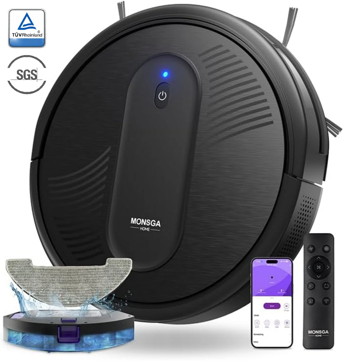 monsga „MONSGA MR1 Roboterstaubsauger, Roboterstaubsauger mit 3000 Pa starker Saugkraft, 3,2" superflach, 140 Min. Laufzeit, Staubsaugerroboter für Hartböden/kurzflorige Teppiche/Tierhaare, Fernbedienung/App/Sprachsteuerung, Reinigungsplanung