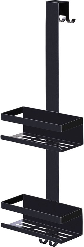 WENKO Duschregal Bribano Duo, 2-stöckig, Edelstahl, mattschwarz, 23 x 71 cm – Duschregal ohne Bohren – Hängendes Duschregal – Duschkorb – Hängbarer Duschkorb