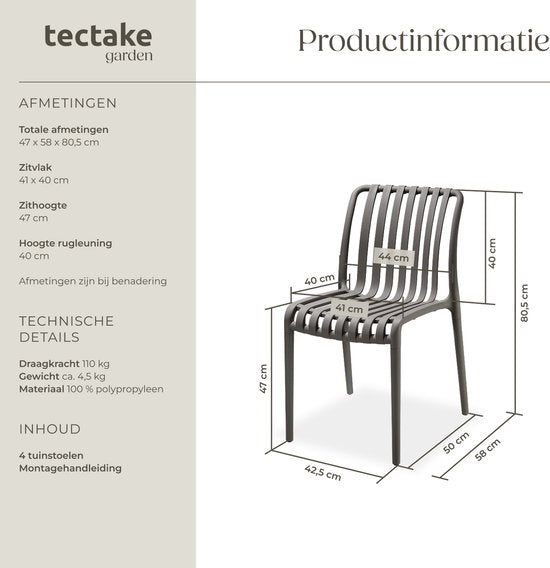 tectake® 4er Set Gartenstühle Alcudia - Anthrazit - Kunststoffstühle - Stapelbar - Stühle für Garten, Terrasse oder Balkon - Wetterfest und UV-beständig - Belastbarkeit 120kg pro Gartenstuhl