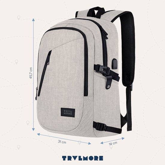 TRVLMORE Rucksack - 25L - 15.6 Zoll - Laptop-Rucksack mit USB - Schultasche - Herren und Damen - Tasche Champagner