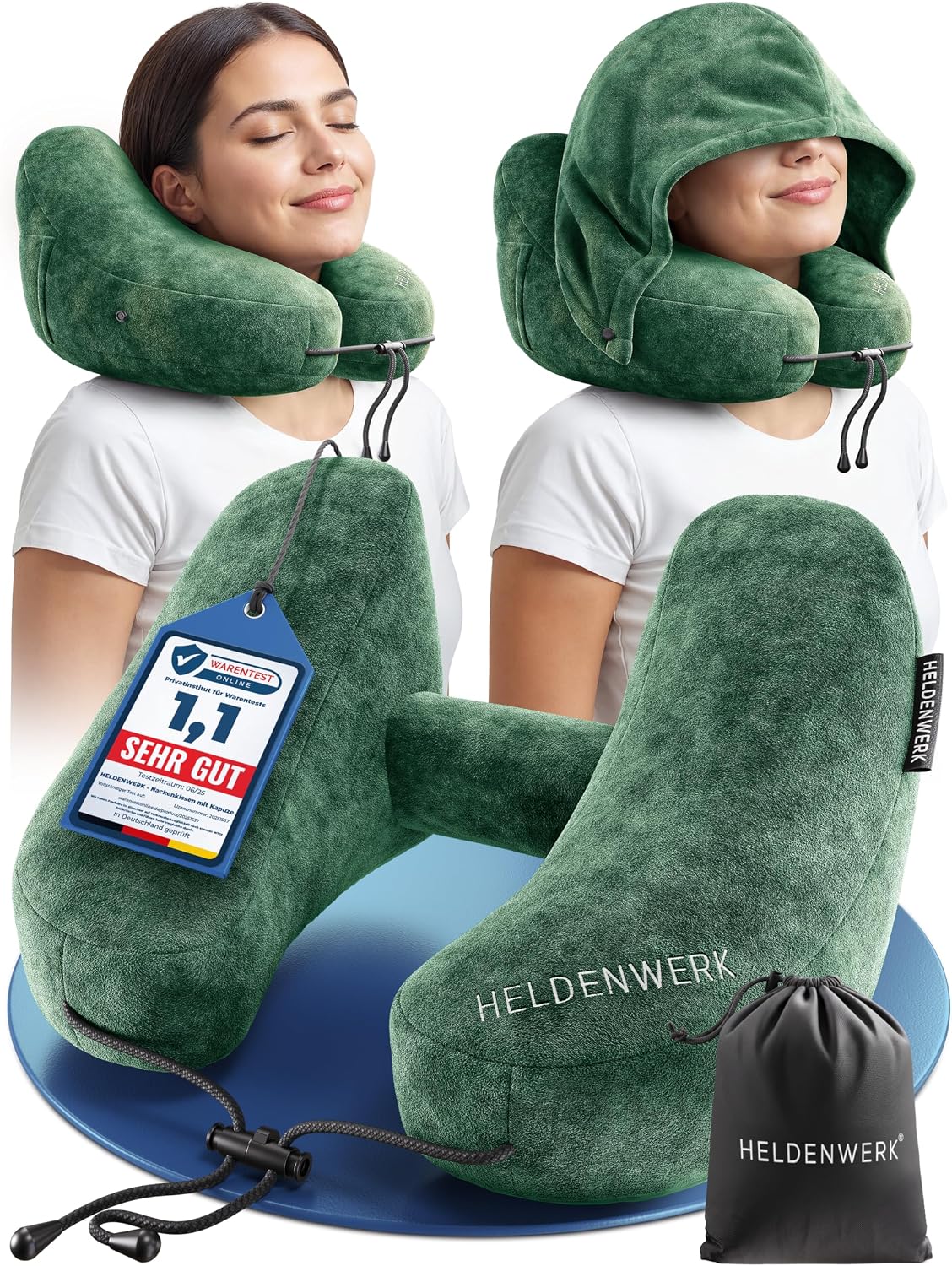 Heldenwerk® Premium Air Nackenkissen – ErgoRing – Aufblasbar – Mit Kapuze und Ohrstöpseln