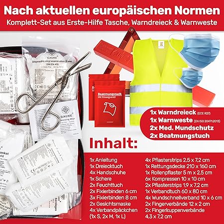 Auto-Kombi-Tasche (3 in 1) nach aktueller Norm 2026 - inkl. Warndreieck, Warnweste - Verbandskasten Warndreieck-Set Auto-Verbandskasten DIN 13164:2022 (nach deutschem Verkehrsrecht)