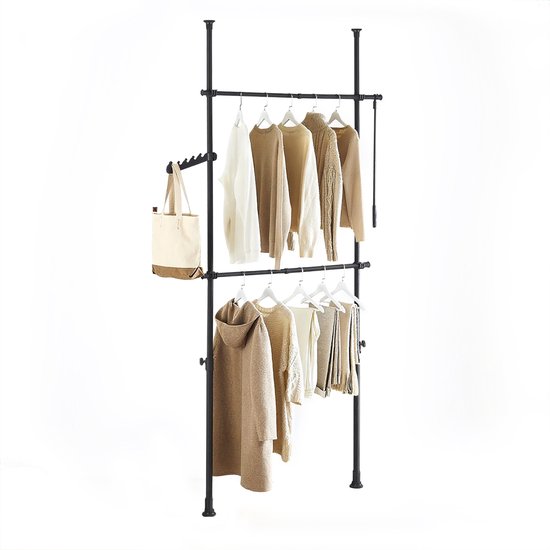 SoBuy Teleskop-Kleiderständer – Verstellbares Aufbewahrungssystem – Kleiderstangensystem – B(75–126) × H(200–295) cm, Schwarz, FRG109-II-SCH