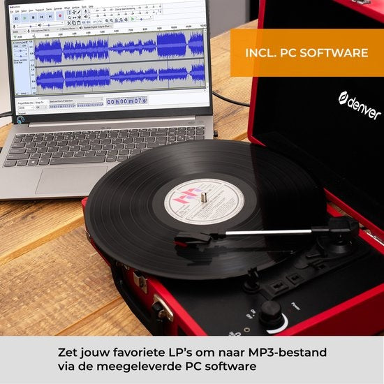 Denver Plattenspieler - Integrierte Lautsprecher - Inkl. PC-Software - Autostopp - Retro - VPL120 - Rot