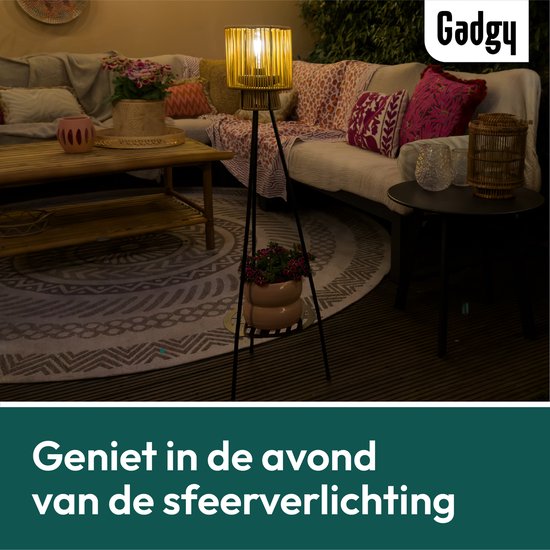 Gadgy Solar-Gartenbeleuchtung, Stehlampe für die Terrasse – Außenlampe mit Solarenergie für Balkon und Garten – Dreifuß-Gartenlampe mit LED-Beleuchtung und USB-Anschluss – Laterne für die Außenbeleuchtung – Braunes Rattan