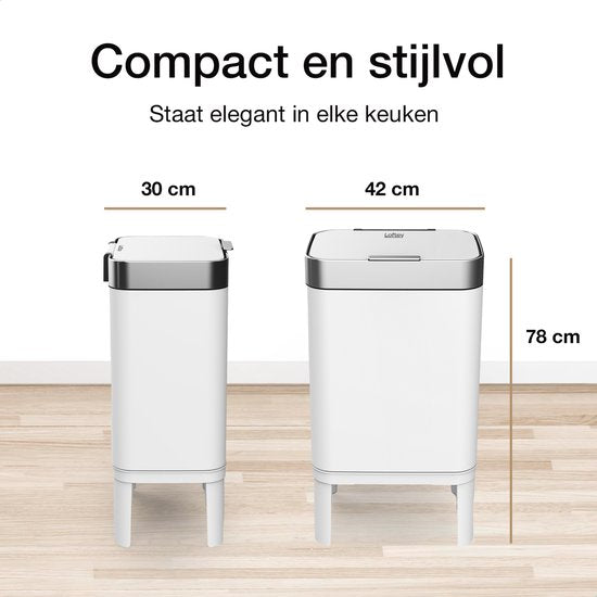 Loftey Mülleimer 60 Liter - Push/touch Mülleimer - Duo Mülleimer mit Inneneimer - Mülleimer 2 Fächer - Abfalltrennung 2x30L - Küche - Weiß/RVS