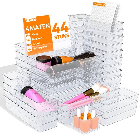 Posity Drawer Organizer - 44 Stück - Organizer Trays - Drawer Trays - Storage Trays - Make-up Organizer - Für Küche, Bad & Büro - Kunststoff - Transparent