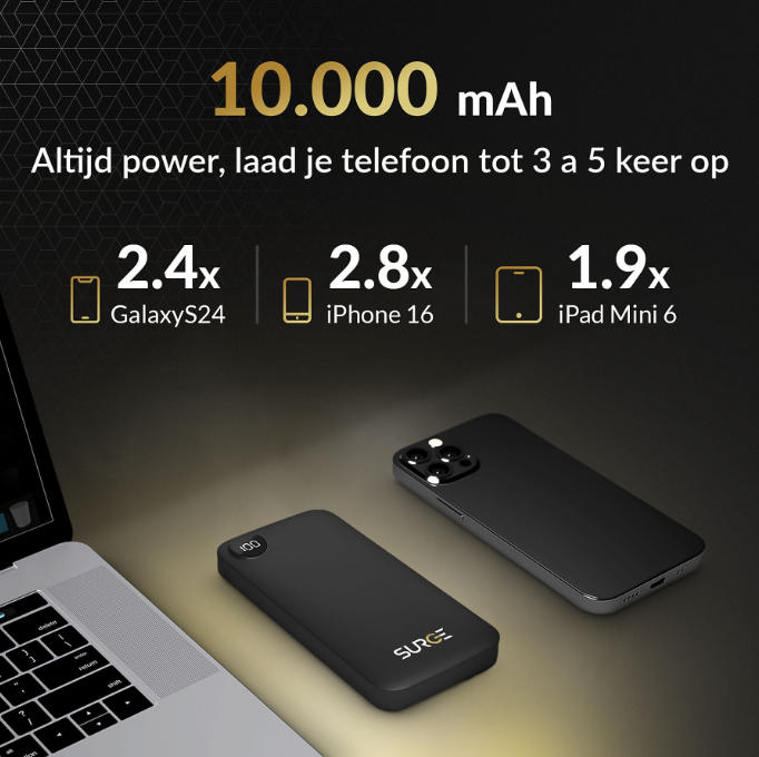 Surge C-Twin Powerbank 10.000mAh 22,5W - 2x USB-C + USB - Schwarz - Kompakt 14,2 x 6,8 x 1,6 cm