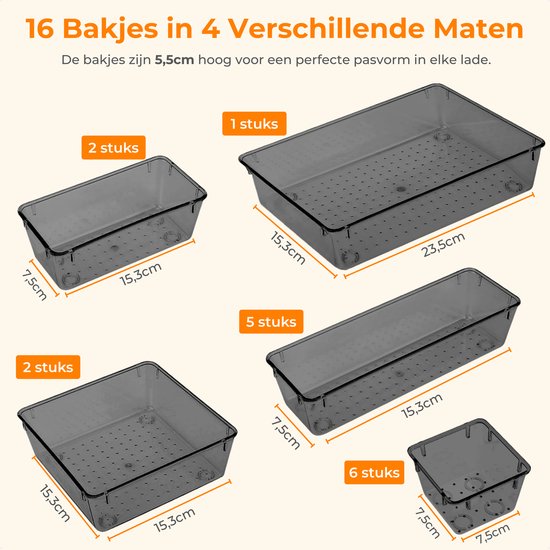 Posity Drawer Organizer - 16 Stück - Organizer Trays - Drawer Trays - Storage Trays - Make-up Organizer - Für Küche, Bad & Büro - Kunststoff - Schwarz Transparent