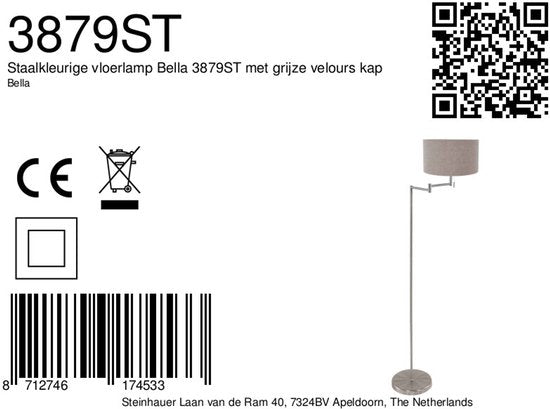 Stehlampe Bella 3879ST in Stahloptik mit grauem Velours-Lampenschirm, ausklappbar, aus Metall und Textil, Höhe 154 cm, Durchmesser des Lampenschirms 30 cm – Mexlite