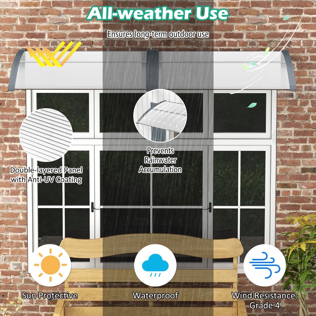 Coast Tür- und Fensterüberdachung – Witterungsbeständiges Polycarbonat – 122 x 99 cm – Grau und Silber