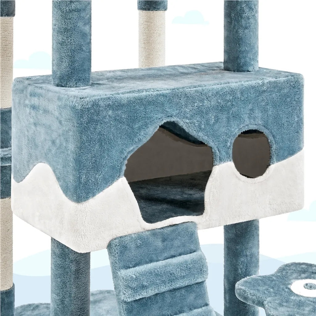 Yaheetech „Oceaan“ Kratzbaum 93 x 55 x 184 cm – Blau/Weiß – Kratzbaum mit Katzenhäuschen und Sisalstangen