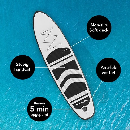 LifeGoods SUP Board - Aufblasbares Paddle Board - Komplettset - Max. 135KG - 320x81cm - Weiß/Schwarz