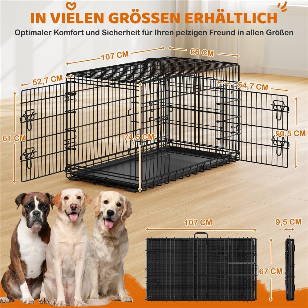 Yaheetech Faltbare Hundebox XL – 107 x 66 x 74,5 cm – 2 Türen mit Trennwand und herausnehmbarem Boden – Schwarz