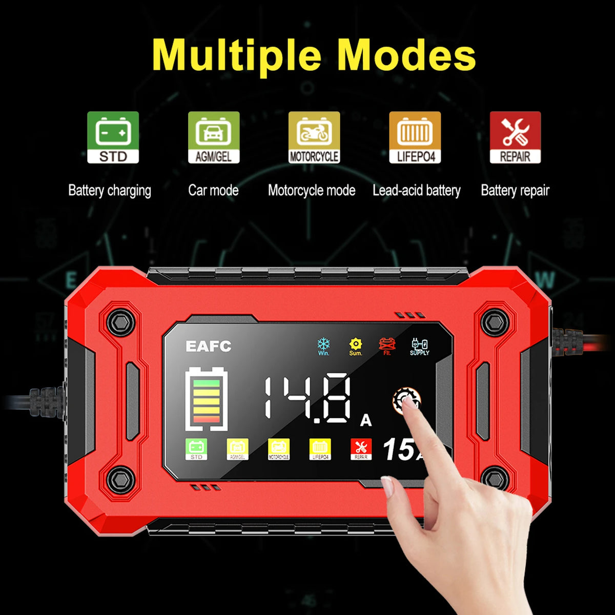 Eafc Auto-Ladegerät 12 V, 15 A – Großes HD-Display – Pulse Repair – Lithium-, AGM-, Blei-Säure- und Gel-Batterien