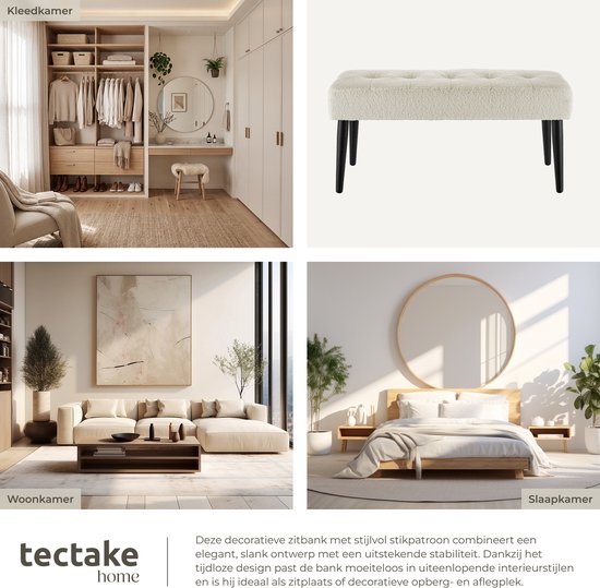tectake® Gepolsterte Bank – 95 x 38 x 45 cm – Steppmuster – Belastbarkeit 220 kg – Sitzbank – Flurbank – Bank für Wohnzimmer, Schlafzimmer, Esszimmer – Bouclé, cremefarben
