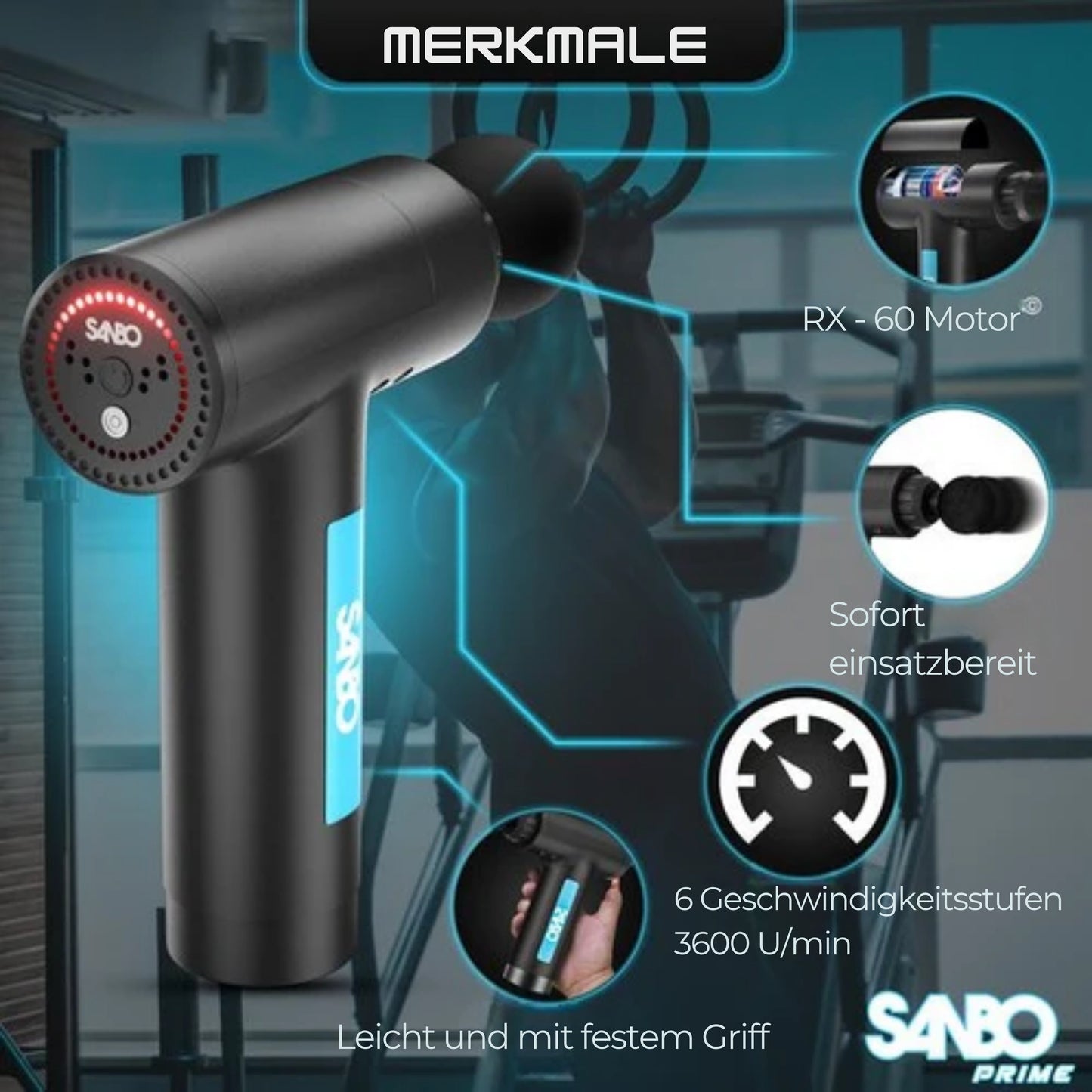 Sanbo Massage Gun Prime - Sport- und Entspannungsmassage - Profi - Inklusive Etui & App - Massagegerät - Fitness - Schwarz/Blau