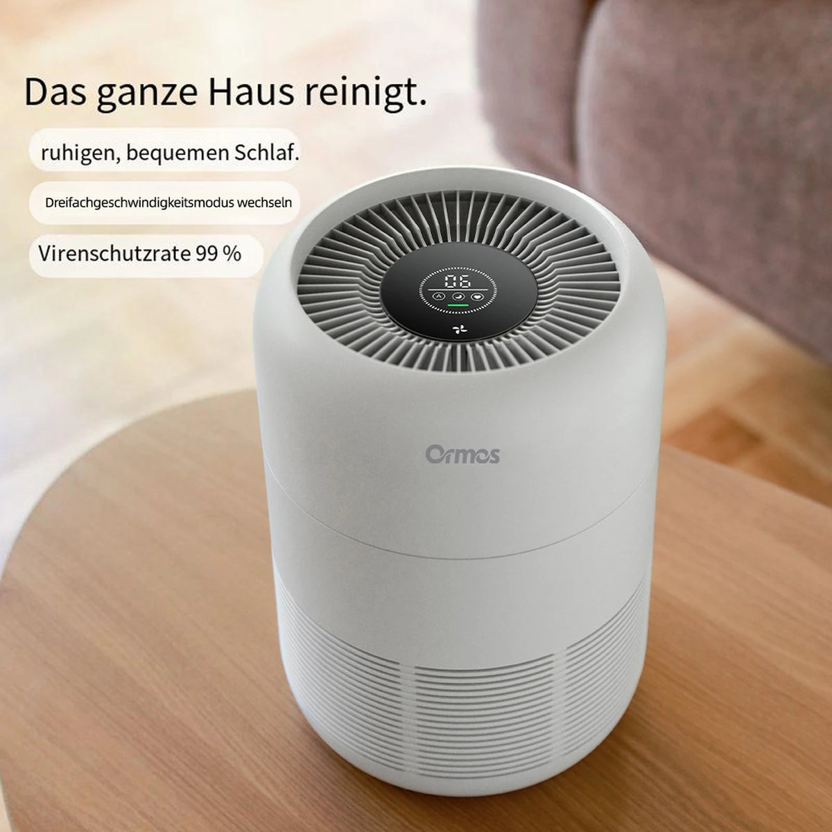 Ormos A8 Luftreiniger – HEPA-Filter und Luftqualitätssensoren – 21 × 21 × 30,2 cm