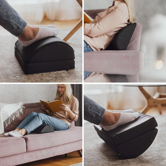 CozySense® Fußstütze Schreibtisch - Ergonomischer Fußhocker - Geeignet für Zuhause oder im Büro - Fußkissen - 2 verstellbare Höhen - Anti-Rutsch - Bezug mit Massagefunktion - Waschbar - Schwarz