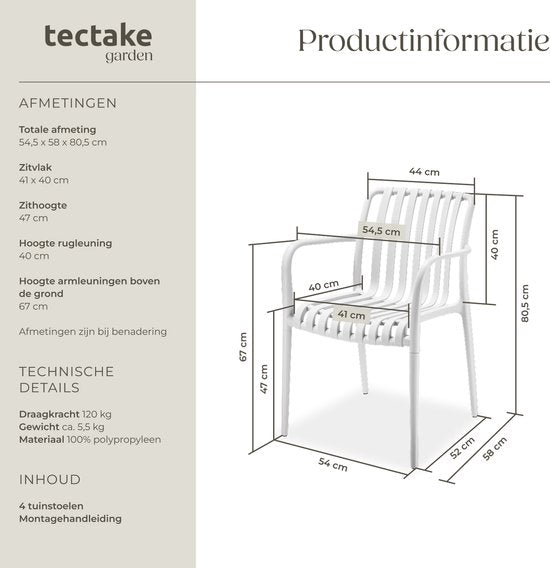 tectake® 4er-Set Gartenstühle Alcudia – Creme – Kunststoffstühle mit Armlehnen – Gartenset für den Gartentisch oder auf dem Campingplatz – stapelbar – Stühle für Garten, Terrasse oder Balkon - Wetter- und UV-beständig - Tragkraft 120 kg pro Gartenstuhl