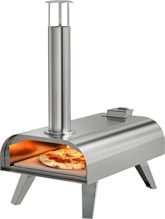 KitchenBrothers Pizzaofen - Holzbefeuert - Tischplatte - klappbar - Pizzastein - bis zu 460°C - Edelstahl - Komplettset - Pizzaofen für draußen - Edelstahl