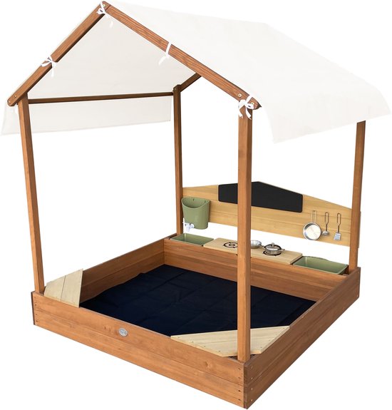 AXI Meli Sandkasten & Spielhaus 120 x 120 cm mit Spielküche – Braun – Mit Dach – FSC-Holz – Mit Kreidetafel, Wassertank und 6-teiligem Spielzeug-Kochset – Mit 2 Bänken - Inklusive Bodenplane – 10 Jahre Garantie