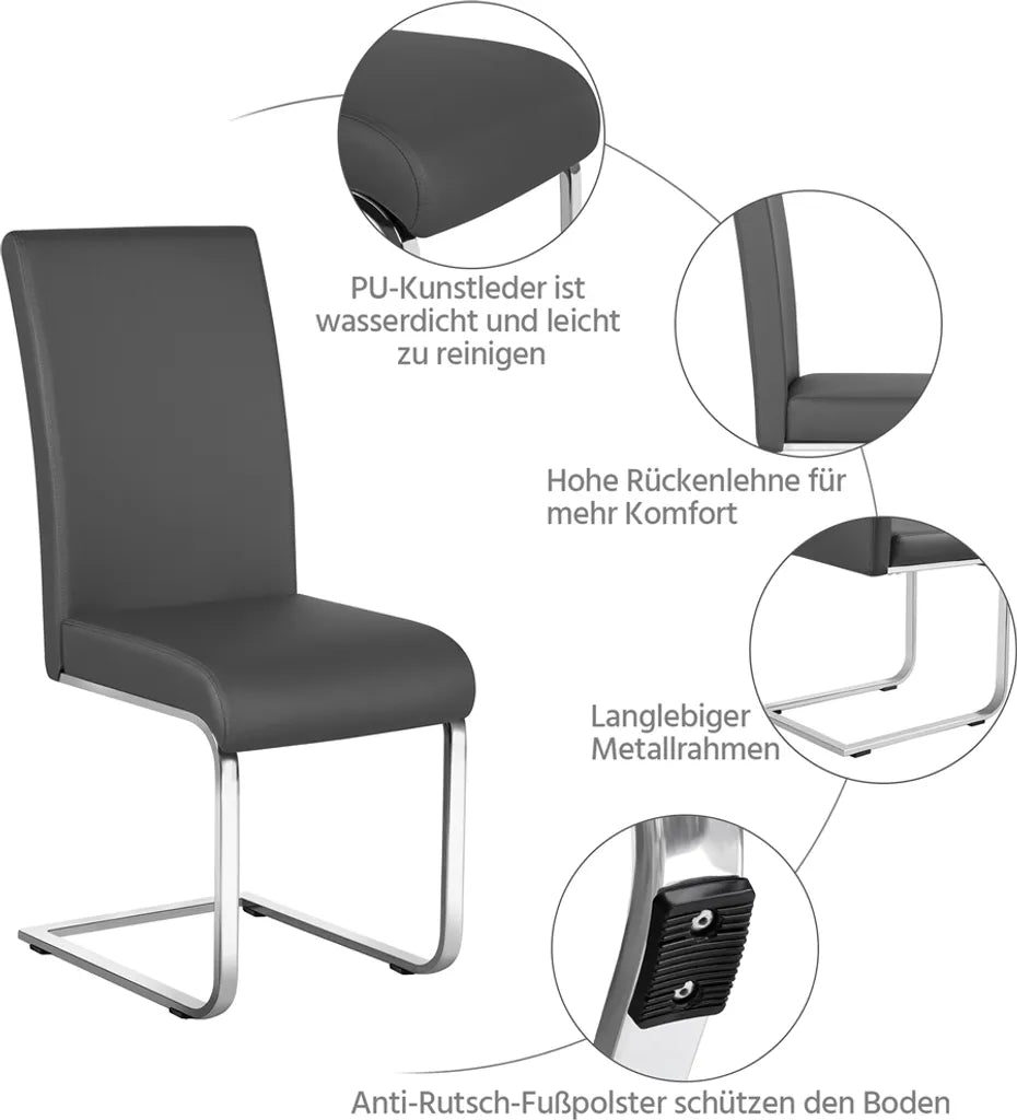 Yaheetech Esszimmerstühle, 2er-Set – Dunkelgrau – Freischwinger aus PU-Leder mit Metallgestell