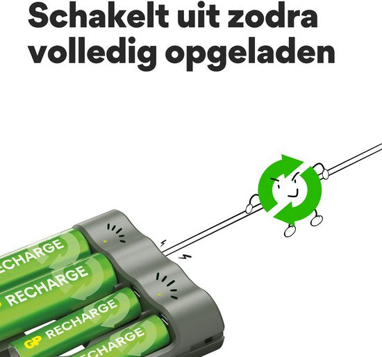 GP Recharge Ladegerät für AA- und AAA-Batterien – 4 Ladeschächte, USB-Anschluss, sicheres und schnelles Laden, kompaktes Ladegerät mit wiederaufladbaren Batterien: 2x AA 2100 mAh / 2x AAA 800 mAh