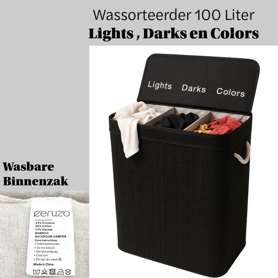 Ceruzo Wäschekorb mit 3 Fächern – Wäsche-Sortierer aus Bambus, 100 l – Herausnehmbarer Innensack – Schwarz