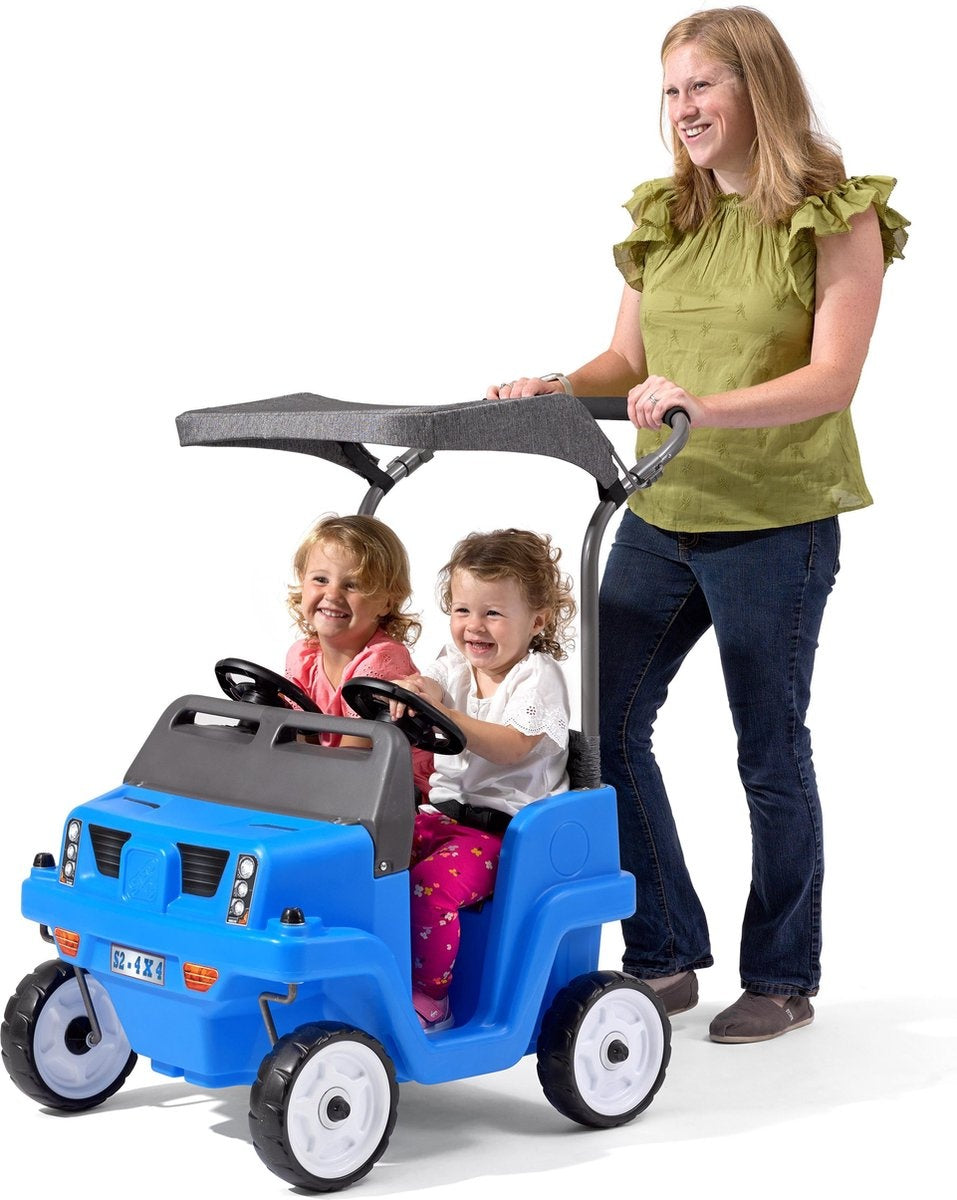 Step2 Lauflernwagen Side-By-Side Push Around SUV in Blau - Lauflernwagen für 2 Kinder - Verdeck für Schatten - Lauflernwagen mit Schiebebügel & Verdeck - Für Kinder ab 2 Jahren