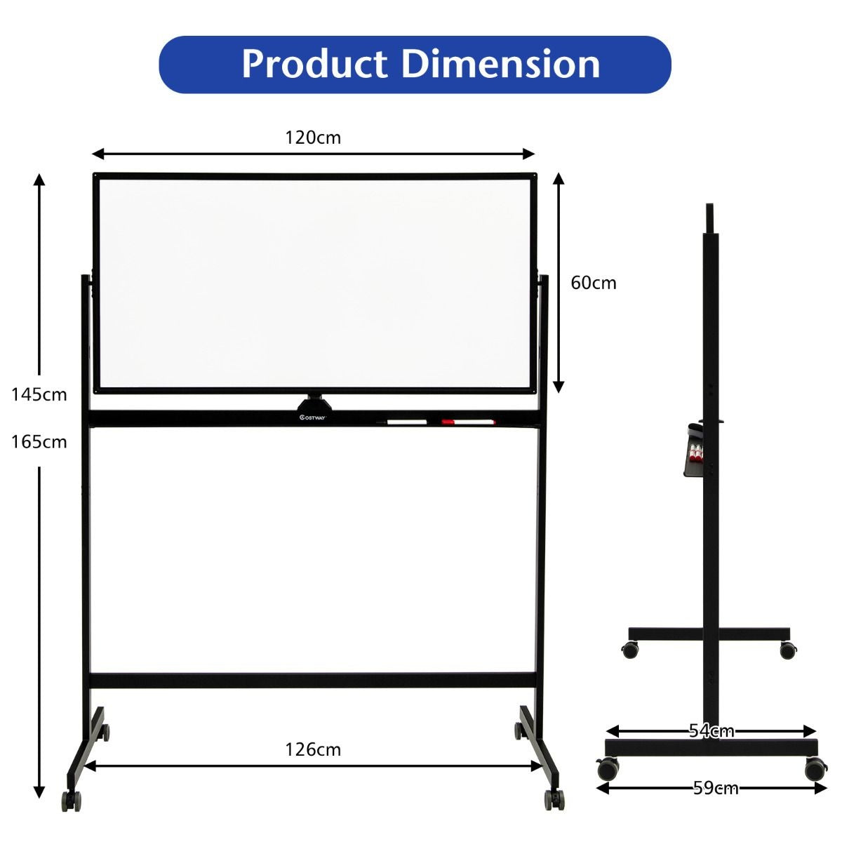 Coast doppelseitige magnetische mobile Whiteboard mobile rollende weiße Wandtafel für Büro schwarz