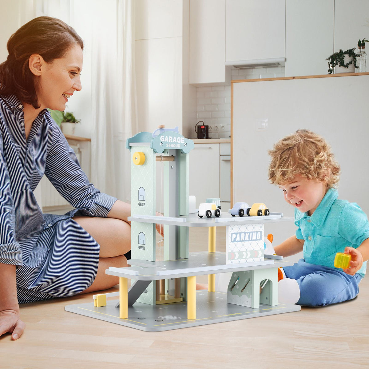 Coast 3-Schicht-Holzspielgarage mit 4 Autos und Hubschrauber - 50x40x47 cm - Mehrfarbig