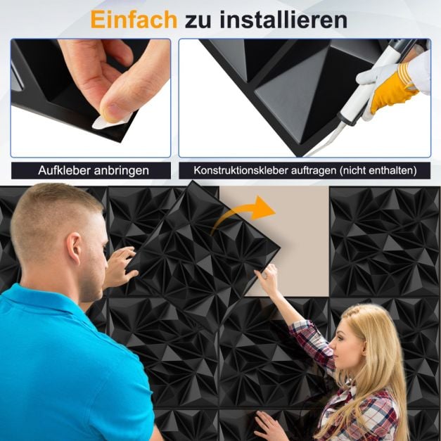 Coast 3D-Wandpaneele „Diamant“ – 40 Stück à 50 x 50 cm – 10 m² – Schwarz