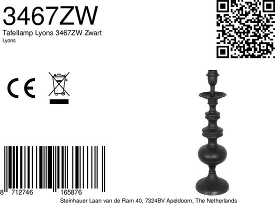 Anne Lighting Tischleuchte Lyons - schwarz - Metall - 15,5 cm - E27 Fassung - 3467ZW