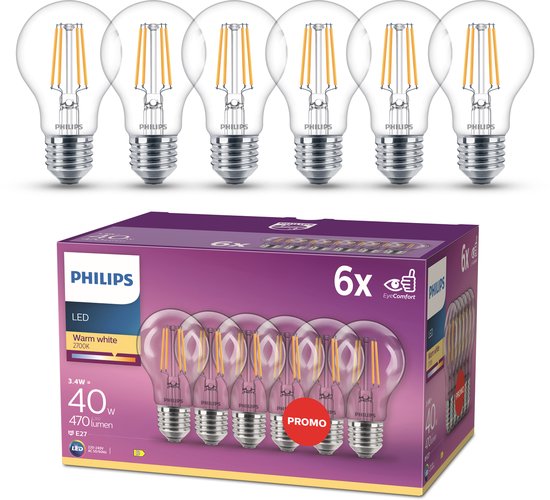Philips LED-Lampe – Standardform mit E27-Fassung – Warmweißes Licht: 2700 K – 40 W – Klarglas – 6er-Pack