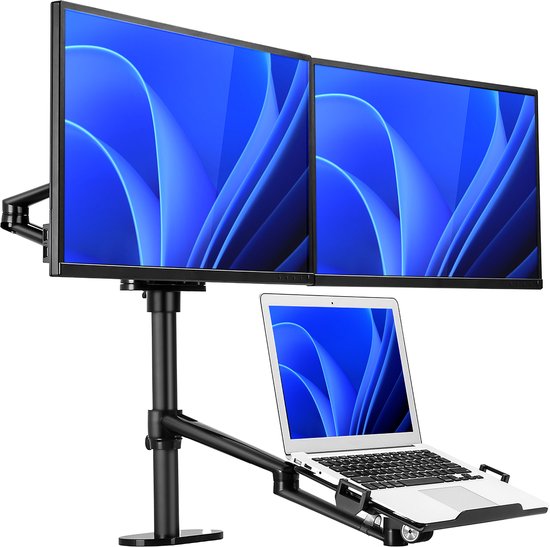 TTD - Monitorarm für 2 Monitore und 1 Laptop - Vollständig drehbar - Höhenverstellbar - Aluminium - Schwarz