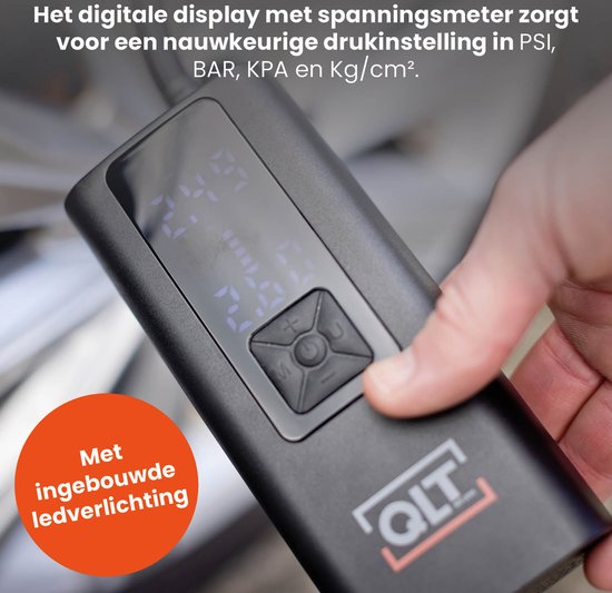 QLT Cordless Air Compressor Pro und Powerbank in einem - 4 Aufsätze und USB-Ladekabel im Lieferumfang enthalten - 10,3 Bar - mit LED-Beleuchtung - Schwarz