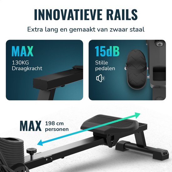 Flowsense Rudergerät - Zusammenklappbares Rudergerät - Geräuschlos - Magnetisches Rudergerät Fitness - Rudertrainer - 16 Widerstandsstufen - LCD Monitor