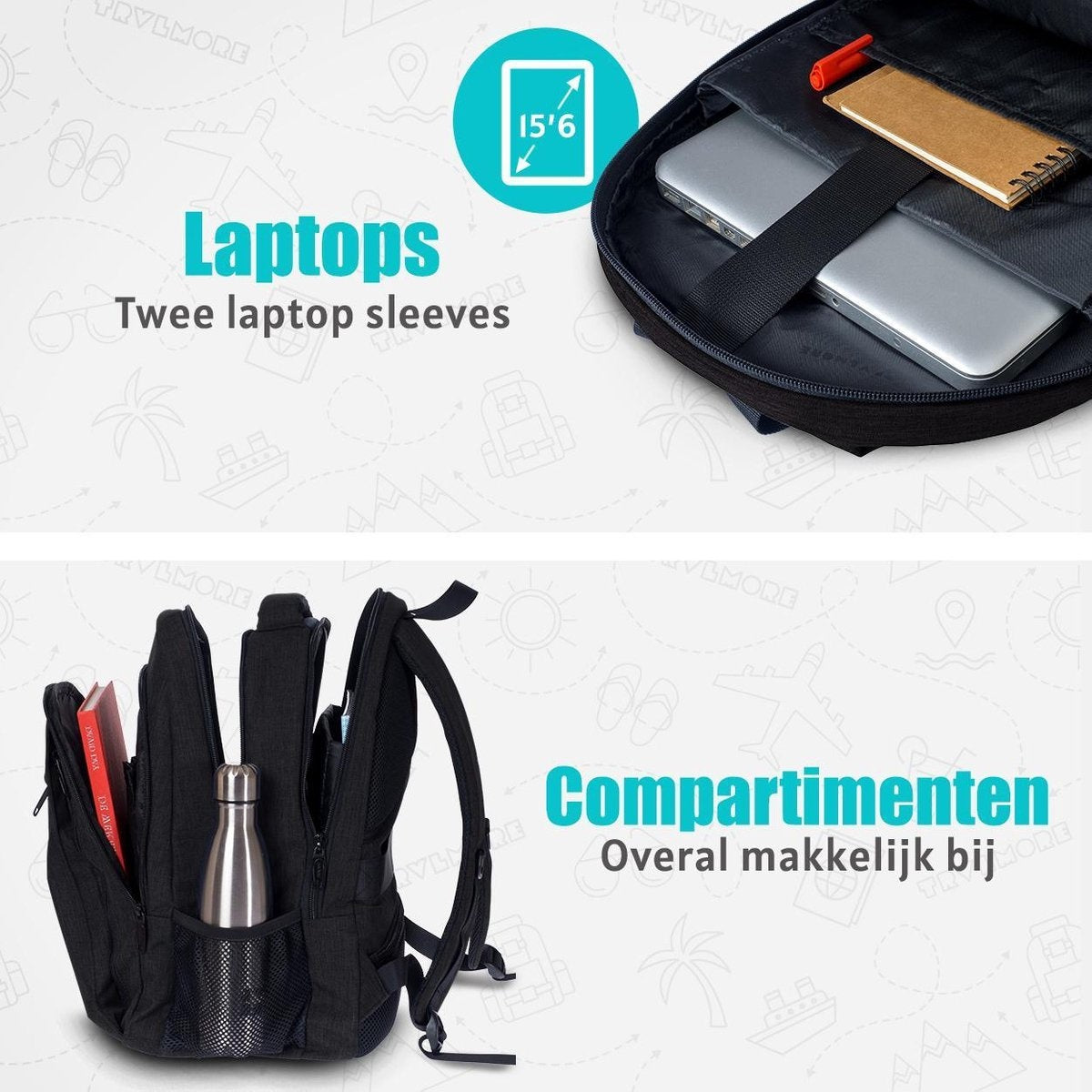 TRVLMORE Rucksack - 28L - 15.6 Zoll - Laptop-Rucksack - Schultasche - Unisex - Spritzwassergeschützt Schwarz