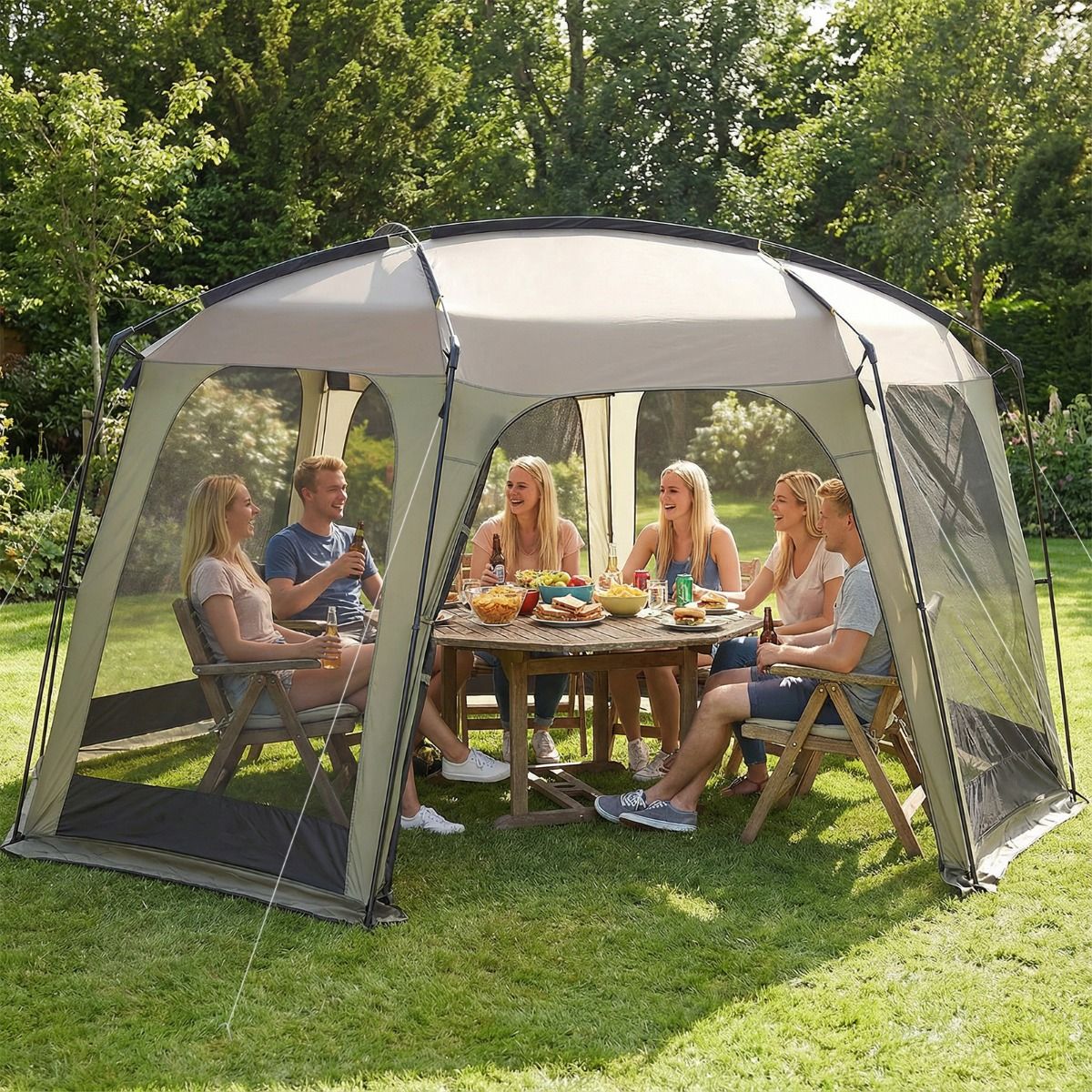 Coast Campingzelt mit Moskitonetz – Zusammenklappbares Gartenzelt für 6 bis 8 Personen – 380 x 355 x 225 cm – Grün/Schwarz