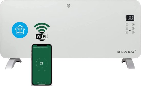 BRASQ Smart Convector Heater Weiß - Elektrische Heizung - Heizung mit WiFi bis zu 2000 Watt - 2 Einstellungen - Wasserdicht - bis zu 20M2