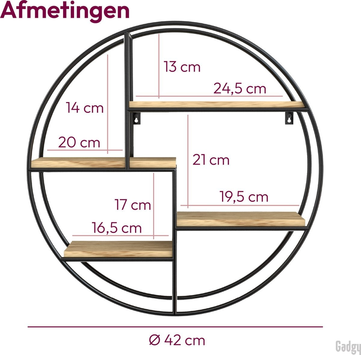 Gadgy Wandregal Industrial - Rund mit 4 Holzböden - Ø 42x10 cm - Schwarz/Holz