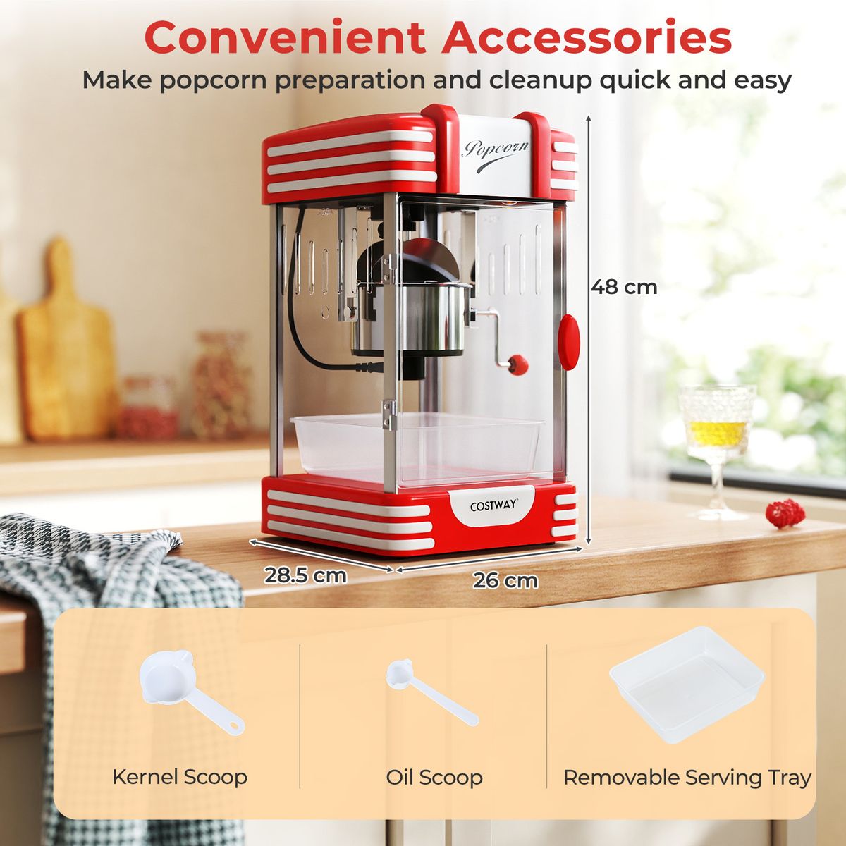 Coast Popcornmaschine – Retro-Kino-Stil – Warmhalte-Lampe – manuelle Bedienung – rot/weiß