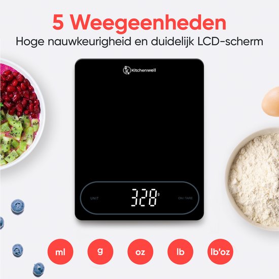 Kitchenwell Digitale Präzisions-Küchenwaage – Küchenwaage – 1 g – 12 kg – Tara-Funktion – Batterie – Schwarz