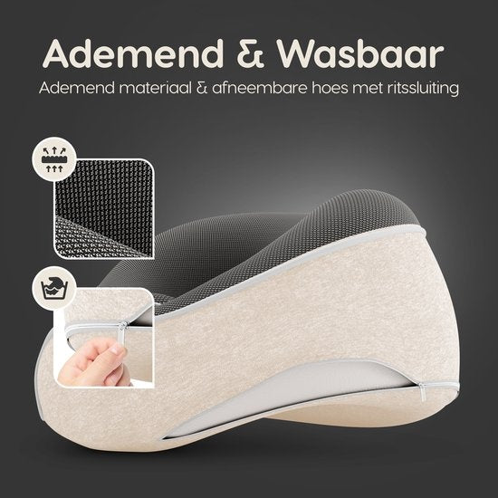 Dymac CloudRest Reisekissen - Nackenkissen - Nackenstütze - Memory Foam Reisekissen - Inklusive Augenmaske & Ohrstöpsel - Mit Reiseetui - Beige