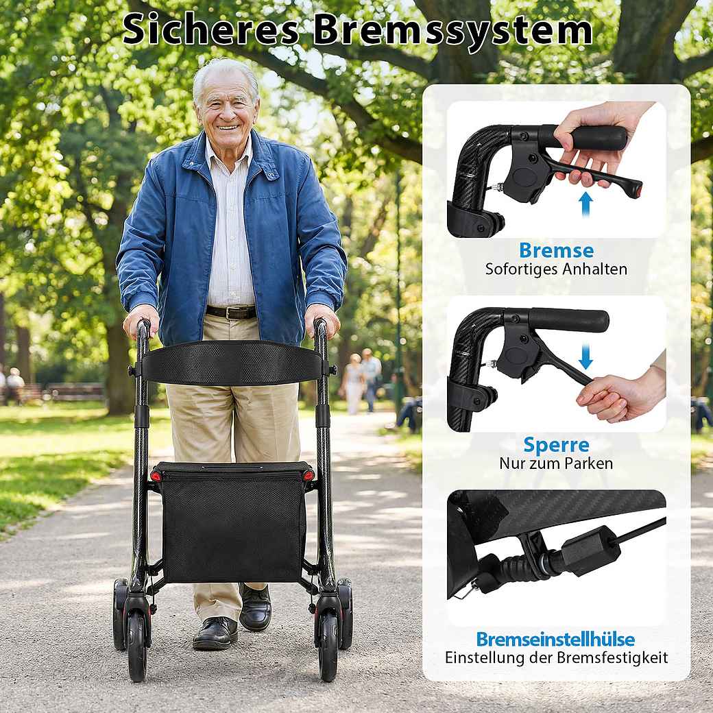 Coast Faltbarer Rollator Schwarz - Ultraleichte Carbon Gehhilfe mit Sitz - 78 x 62 x 86-99 cm
