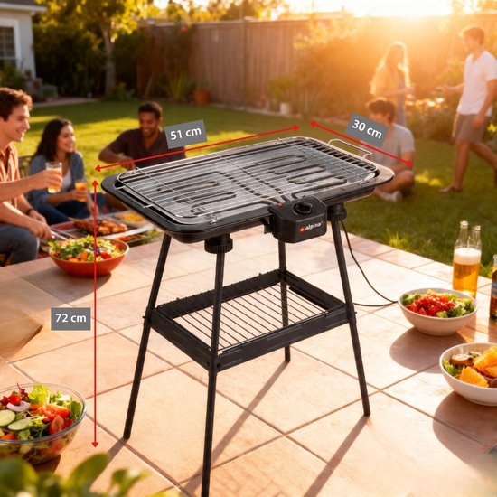 alpina Elektrischer 2-in-1-Grill 2200 W – Elektrischer Tischgrill mit Thermostat – Elektrischer Grill mit Warmhaltefunktion – Elektrischer Tischgrill mit verstellbarem Rost – 51 x 30 cm – Schwarz