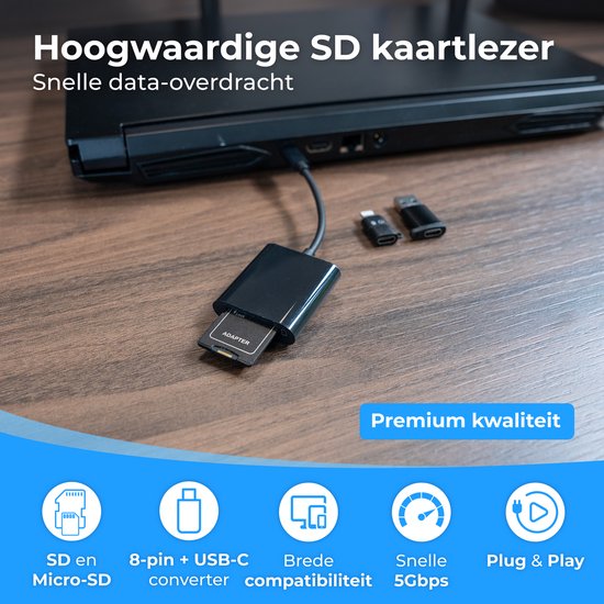 Nuvance SD Kartenleser - SD Kartenleser USB C - Kartenleser - inkl. Usb & 8-Pin Konverter - Speicherkartenleser Micro SD - Schwarz