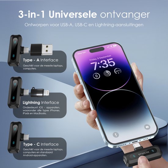 Strolox® Drahtloses Mikrofon Pro – 2 Stück – Lavalier – Windschutz – Anstecknadel – Langlebige Batterie – USB-C/Lightning – Plug & Play